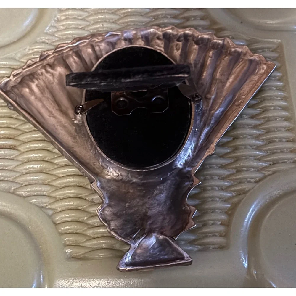 Vintage Fan Shaped Pewter Tone Metal Photo Frame Rose Floral Faux Pearl Accent